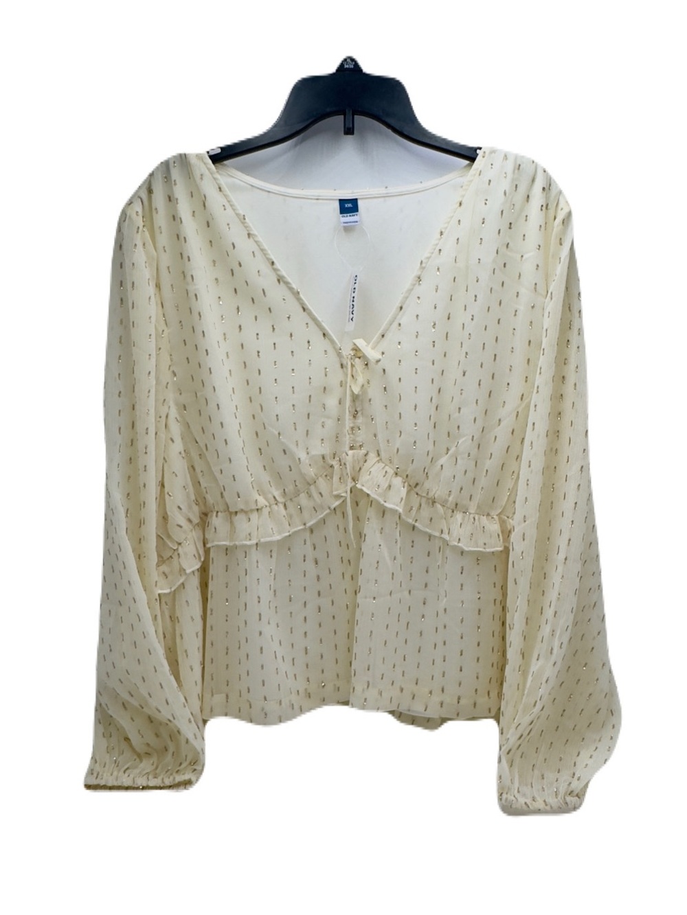 Old Navy Cream Waist Defined Ruffle Trim Metallic Gold Dot Shirt Blouse Size XXL